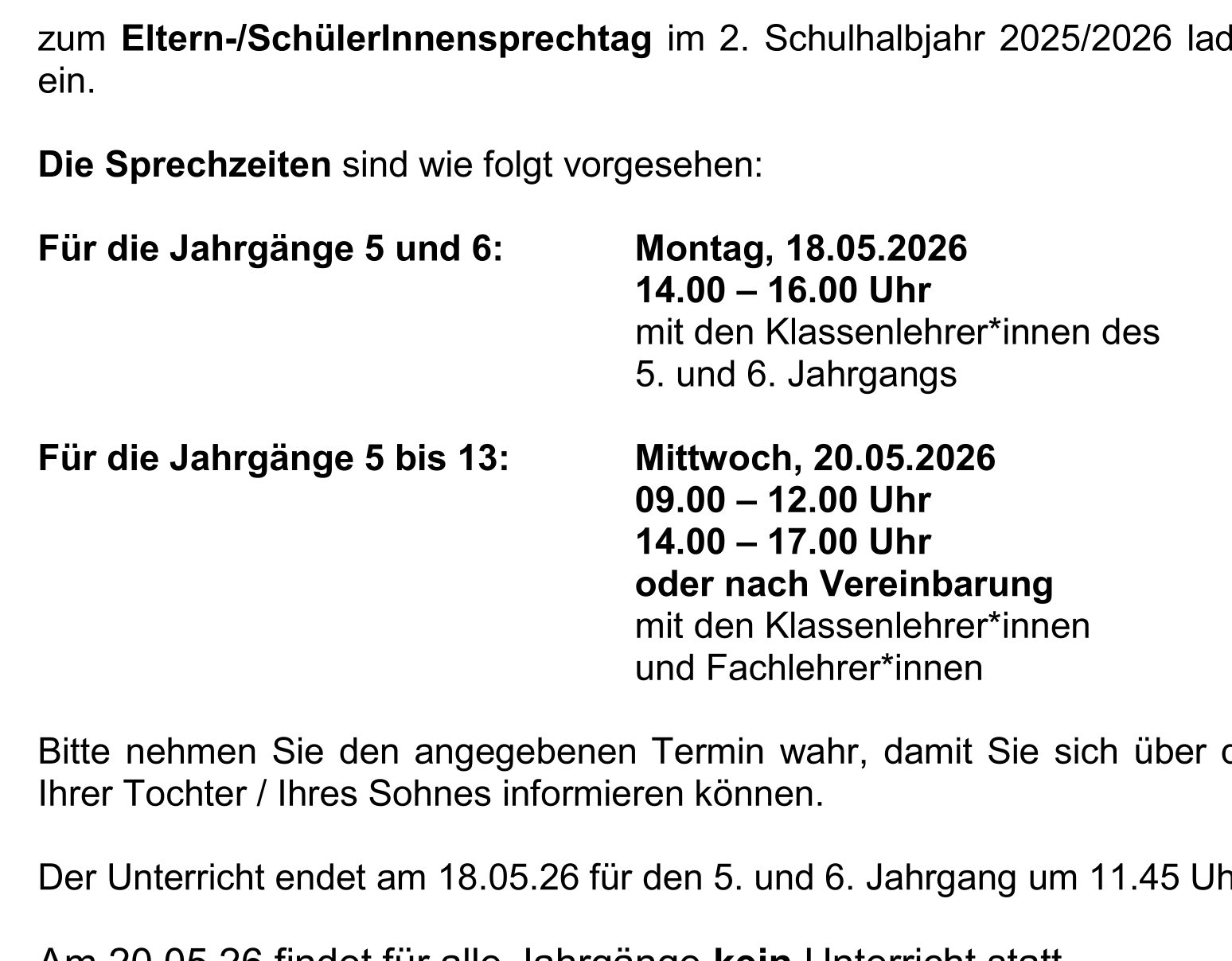 Elternsprechtag an der WBG